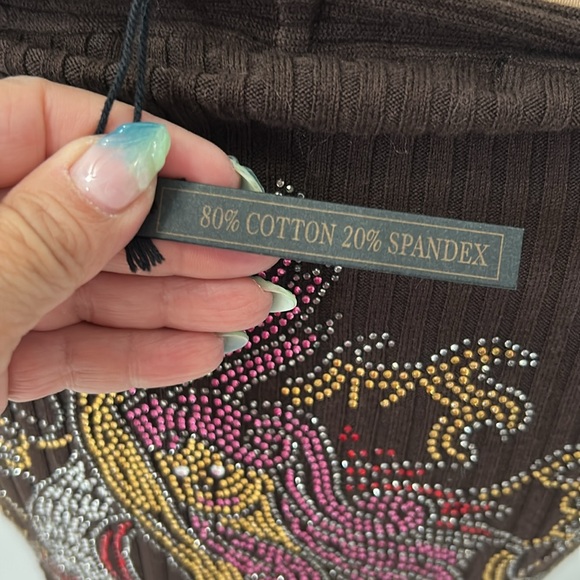 Ed Hardy Brown Ribbed Rhinestone Cold Shoulder Sweater - Picture 9 of 12